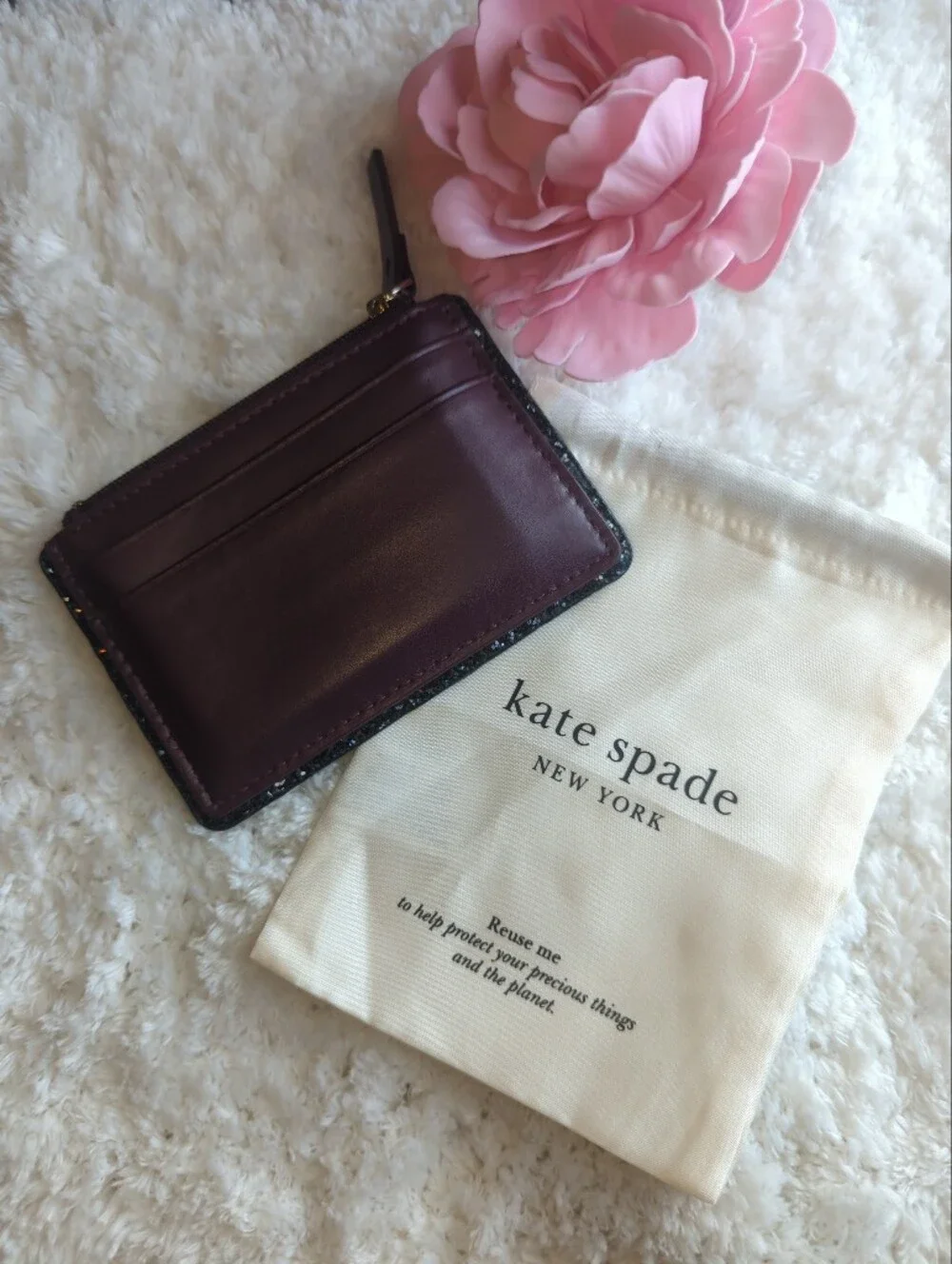 Kate Spade New York Rare Plum Bordeaux Wine Glitter Card Wallet With Dust Bag